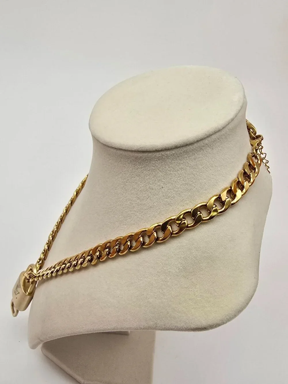 Authentic Louis Vuitgon Gold Padlock Pendant w/ Unbranded Cuban Stainless Steel